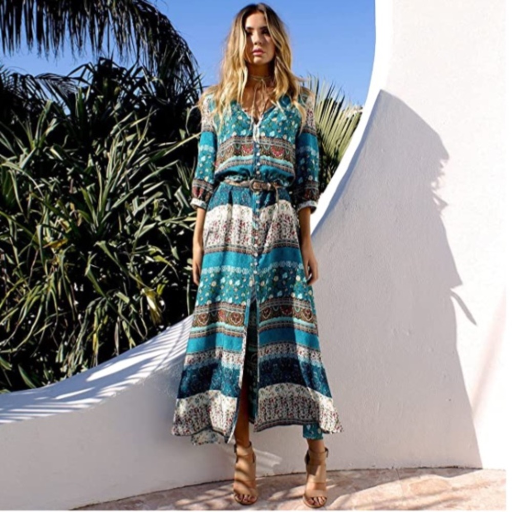 Bohemian Long Dress Beach Floral Print Dress Beach Swing Skirt Turquoise Large